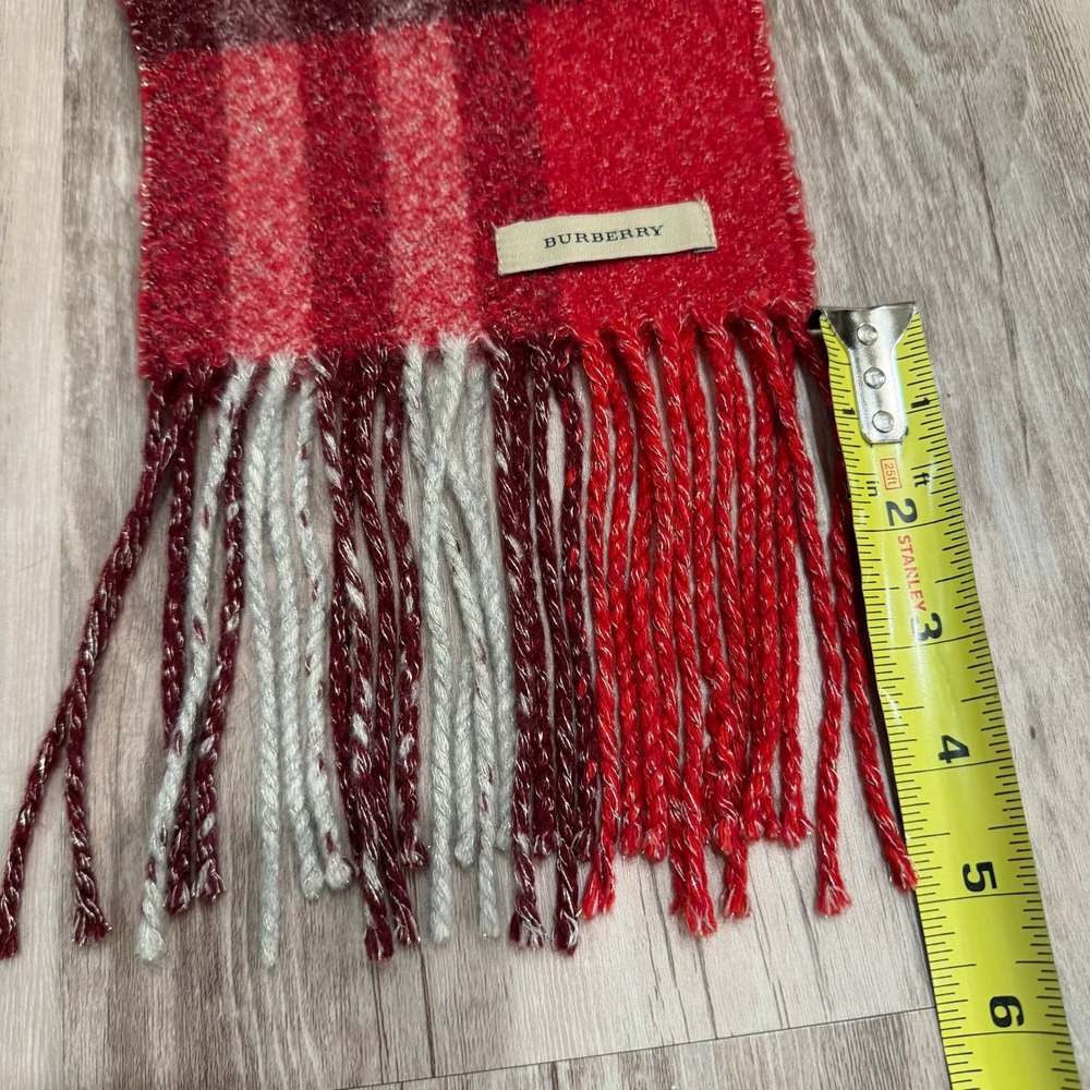 Burberry Nova Check Plaid Wool Blend Scarf Red White Burgundy Fringe Long Thin - Picture 6 of 6